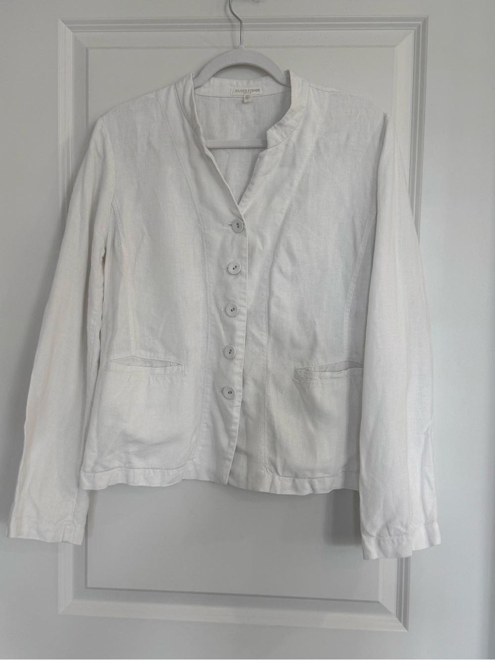 Eileen Fisher White Linen Button-Front Mandarin Collar Jacket-Large Petite